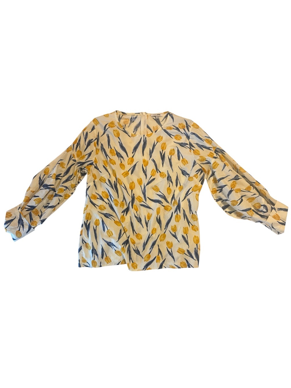 Fashion Nova Cream Blouse with Yellow Tulip Print and Navy Leaves